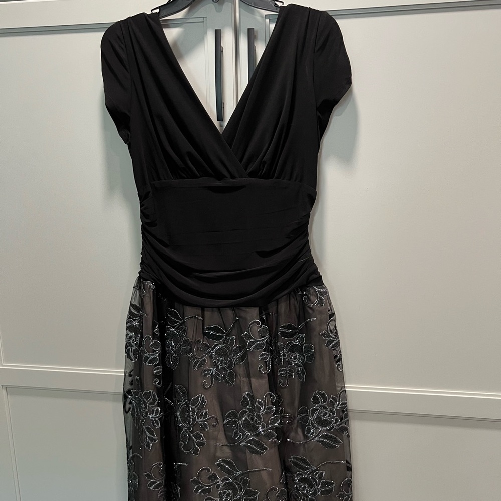 SLNY Black and Gray Ruched Wrap Midi Dress